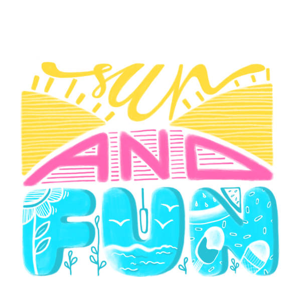 istock SUN AND FUN - digital hand drawing yellow, pink, blue lettering. Handwritten phrase for summer prints, greeting posters, banners, holiday cards. White isolated background.  Sun, ice cream, sea, flower 1219165298