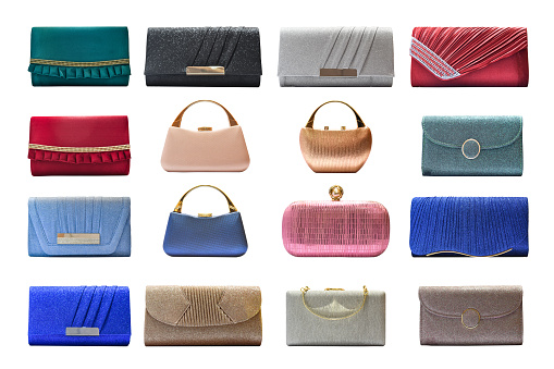Collection of female clutch bag isolated on white background. Object with clipping path.