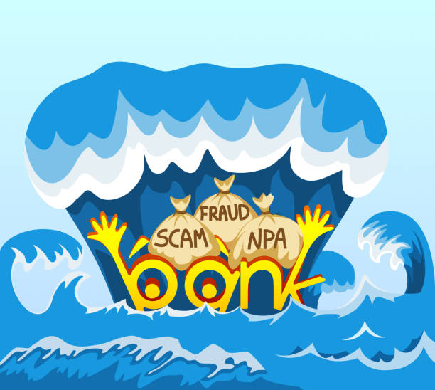 ilustraciones, imágenes clip art, dibujos animados e iconos de stock de gráfico vectorial creativo - error del banco se muestra mientras se está hundiendo en el mar con una carga de "fraude" "estafa" y "npa" - ahogar