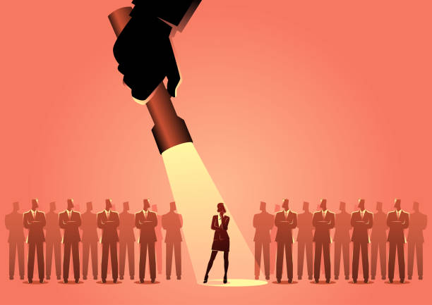 Businesswoman being spotlighted Silhouette illustration of a businesswoman being flash lighted among businessmen. Stand out from the crowd, promotion, candidate, chosen, career, business concept gender equality stock illustrations