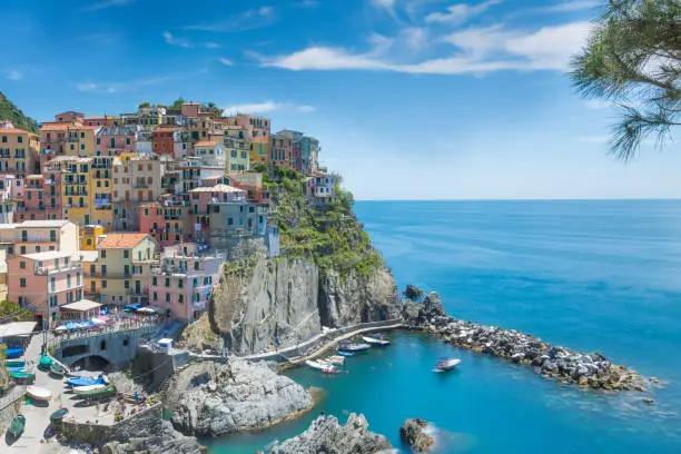 Stunning image of colourful Manarola, one of the five 'Cinque Terre' villages, situated in the Italian Riviera, Italy