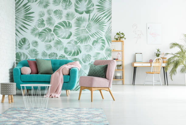 istock Modern apartment with turquoise couch 1219167916