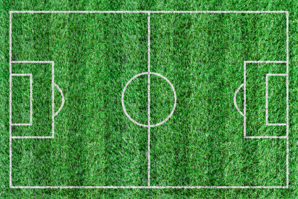 istock Top view stripe grass soccer field. Green lawn with white lines pattern background. 1219169216
