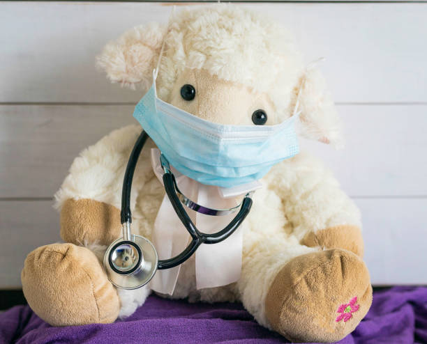 Cute stuffed sheep with surgical mask and stethoscope stock photo