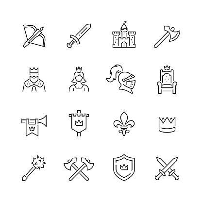 Medieval related icons: thin vector icon set, black and white kit