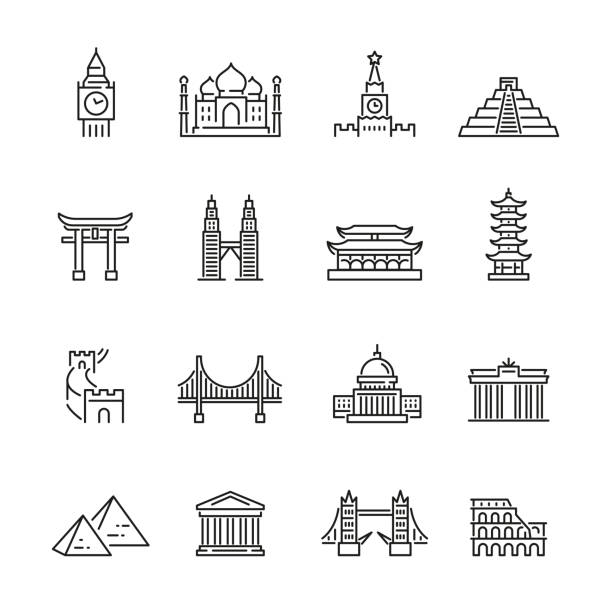 ikony związane ze światowymi punktami orientacyjnymi - new seven wonders of the world stock illustrations