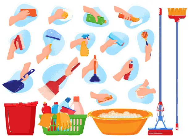 Vector illustration of Cleaning hands stop covid, virus washing domestic tools. Disinfection equipment, sanitation isolated on white human hands cleaner service, housework set. Hygiene cleanup chores vector illustration