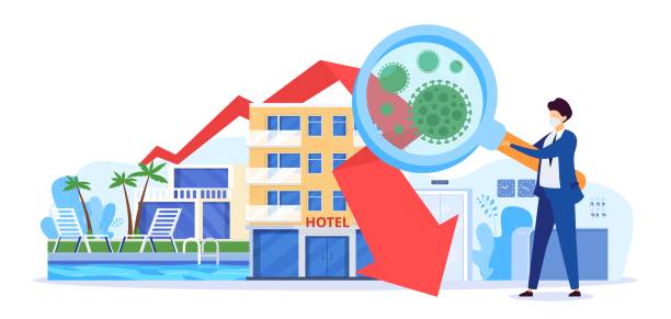 istock Crisis in hotel business vector illustration. Virus depression decline profit chart. Empty quarantine hotel, man in business suit 1219171103
