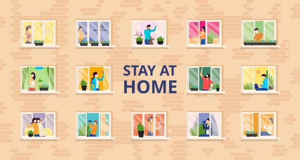 Stay at home, full people house vector illustration. Self isolation, social distance at residential building with open windows. Stay at home, full people house vector illustration. Self isolation, social distance at residential building with open windows. People do cleaning, their favorite hobby, spend time with family. stay at home order stock illustrations
