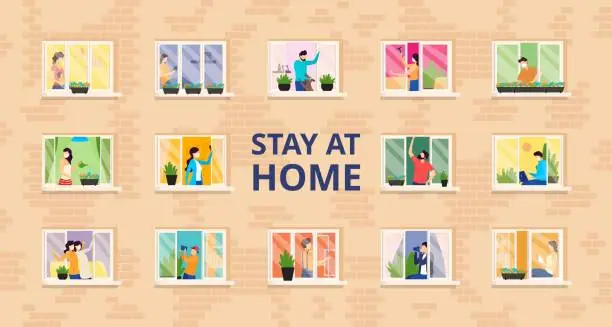 Vector illustration of Stay at home, full people house vector illustration. Self isolation, social distance at residential building with open windows.