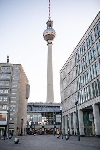 View of Berlin's Alexanderplatz with almost no people due to restrictions in place to avoid the spread of Coronavirus