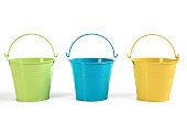 Three colored buckets