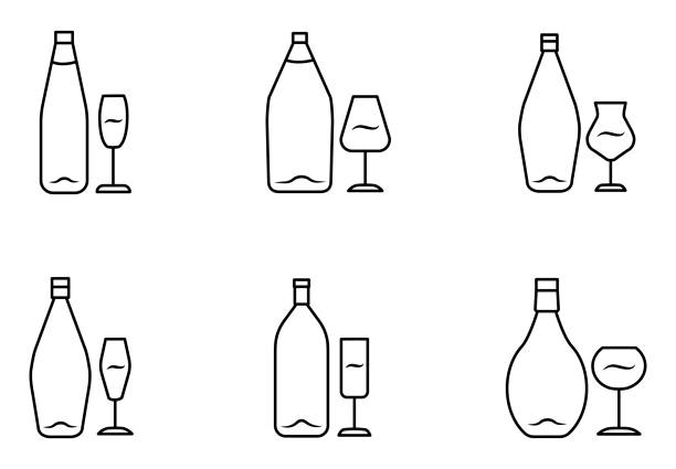 ilustrações, clipart, desenhos animados e ícones de ícones lineares de vinho definidos. garrafa e taça de vinho. bebida alcoólica. glassware para vinho tinto, branco, sobremesa e champanhe. símbolos de contorno de linha fina. ilustrações isoladas do contorno vetorial. traçado editável - champagne flute wine isolated wineglass