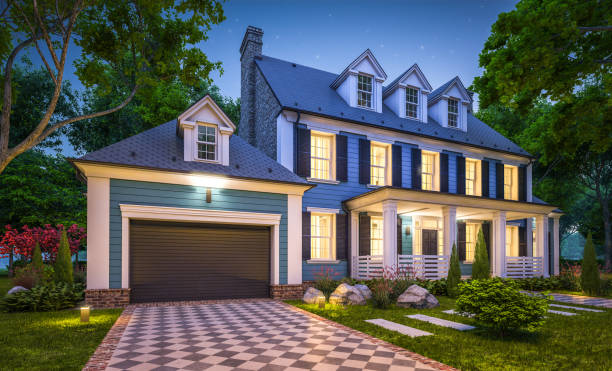 istock 3d rendering of modern classic house in colonial style in night 1219179191