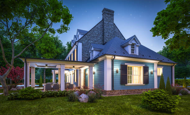 istock 3d rendering of modern classic house in colonial style in night 1219179203