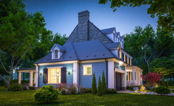 istock 3d rendering of modern classic house in colonial style in night 1219179221