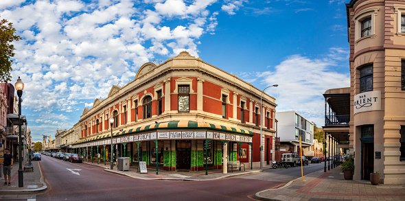 Fremantle, Australia - March 13, 2020: Panoramic view of the Orient Bar and the New Edition Bookshop in Fremantle, Western Australia.