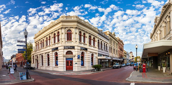 Fremantle, Australia - March 13, 2020: Panoramic view of the old buildings at Hight St and Pakenham St in Fremantle, Western Australia.