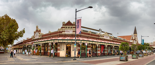 Fremantle, Australia - March 14, 2020: Panoramic view of the Old City Market of Fremantle, Australia.