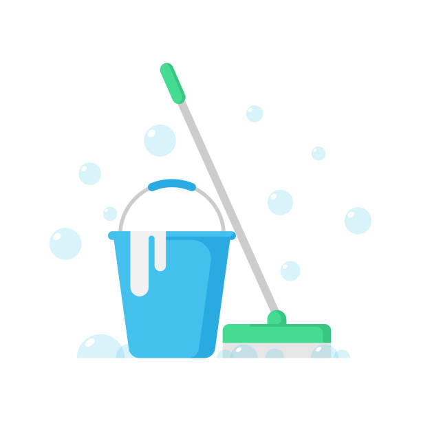 illustrazioni stock, clip art, cartoni animati e icone di tendenza di icona del servizio di pulizia. concetto di pulizia, attrezzature per la pulizia e strumenti design piatto. - secchio