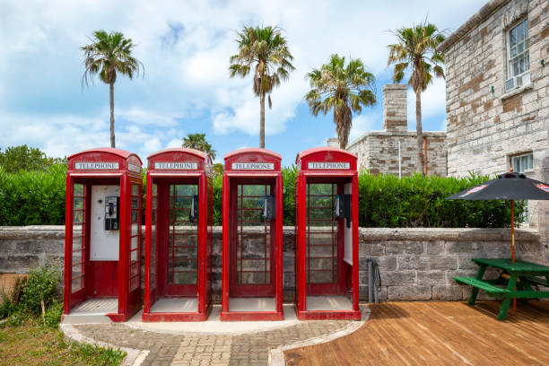 British-style red telephone booths at the Royal Naval Dockyard, a popular tourist destination and cruise docking area in Bermuda.