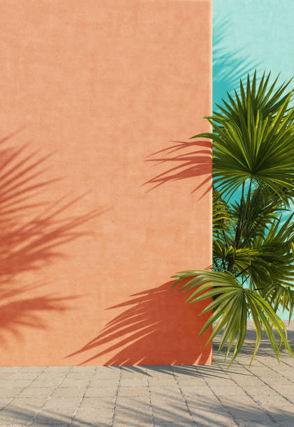 parete arancione e turchese dipinta brillante con foglie tropicali verdi, luce solare con ombre. estate, sfondo primaverile. rendering 3d. - composizione verticale illustrazioni foto e immagini stock