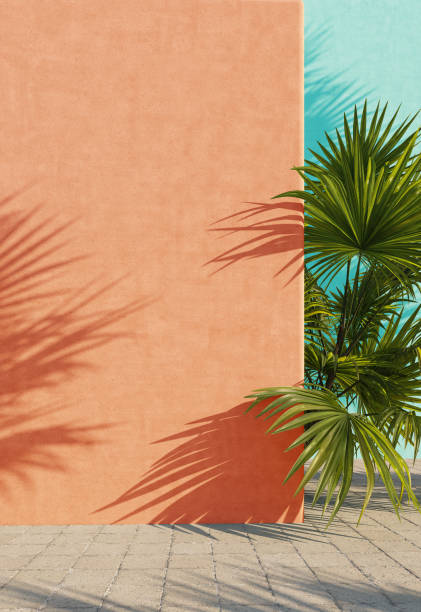 Bright painted orange and turquoise wall with green tropical leaves, sunlight with shadows. Summer, spring background. 3d rendering.