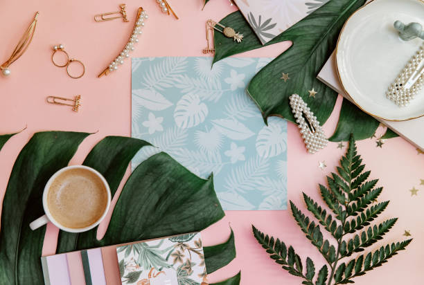 istock Office table desk. Tropical Flat lay. Home office workspace. 1219185868