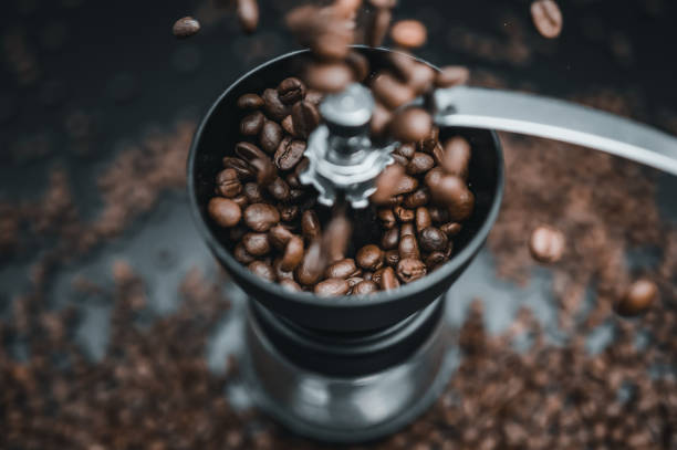 Roasted coffee beans in the grinder