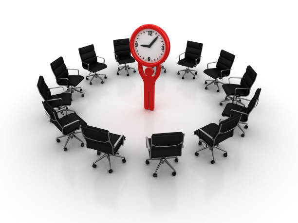 istock Chairs Teamwork with Pictogram Person and Clock - 3D Rendering 1219190731
