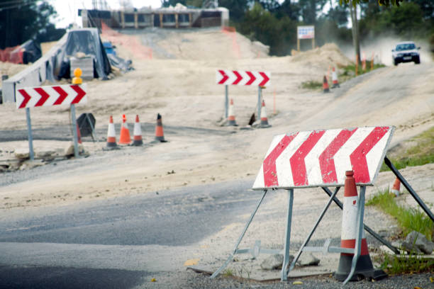 istock Road works, danger ahead warning, arrow symbols . 1219192537