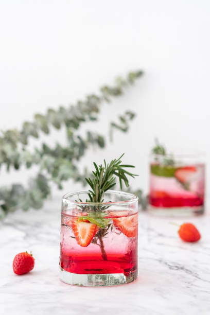 istock Summer strawberry drink on marble white background. 1219192895