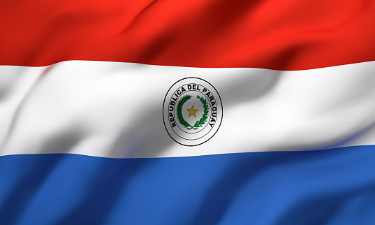 Flag of Paraguay blowing in the wind. Full page Paraguayan flying flag. 3D illustration.