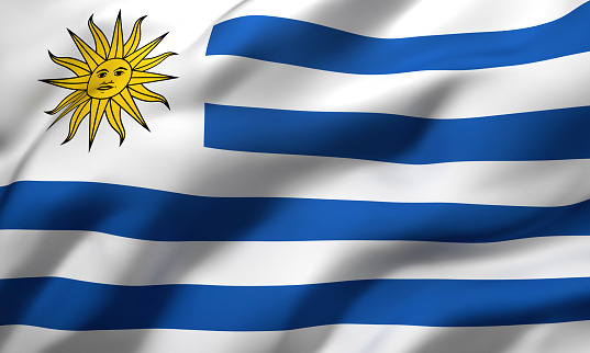 Flag of Uruguay blowing in the wind. Full page Uruguaian flying flag. 3D illustration.