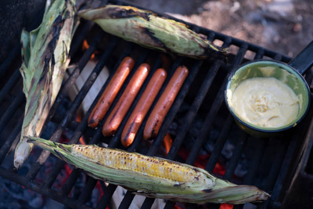 Photograph of fresh corn on the cob and hotdogs on a campfire grill.
