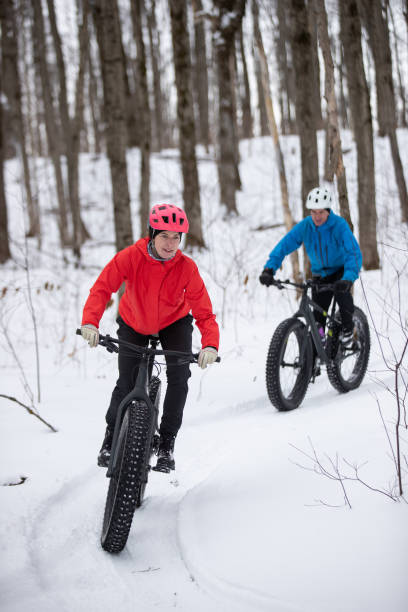 istock Attractive couple riding fat bikes in the snow 1219198338