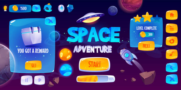 Graphic user interface for space adventure game Graphic user interface for space adventure game. Vector screen of app gui design with glossy menu buttons and icons, panel with level and assets, start banner and background with rocket and planets leisure games stock illustrations