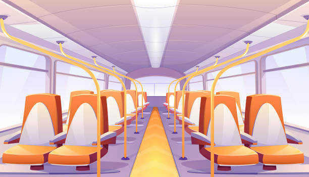 ilustraciones, imágenes clip art, dibujos animados e iconos de stock de interior del autobús vacío vectorial con asientos naranjas - coches abandonados