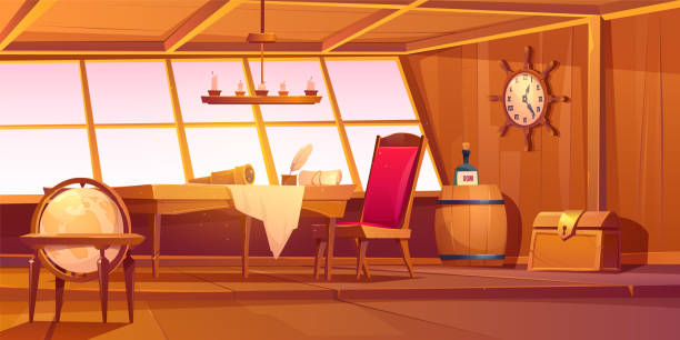 Pirate captain ship cabin interior Pirate capitan ship cabin. Vector cartoon illustration of wooden room interior, globe, treasure chest and table with bottle of rum, map and spyglass on table old ship cartoon stock illustrations
