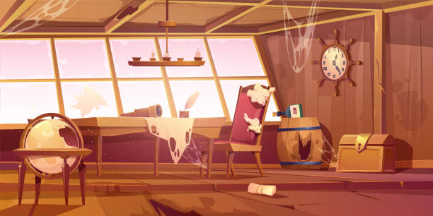 Empty abandoned old pirate ship cabin Abandoned pirate ship cabin. Vector cartoon illustration of empty destroyed interior of old wooden room with broken furniture and windows, messy walls with spiderweb. Scary Halloween background old ship cartoon stock illustrations