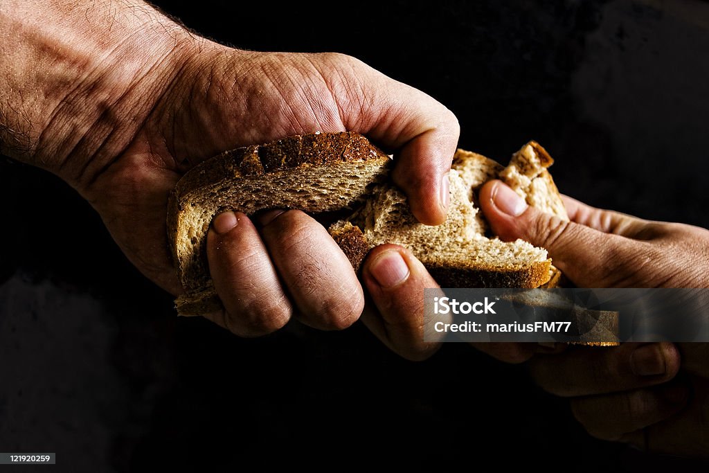 Two people fighting over piece of bread hands fighting for bread Famine Stock Photo