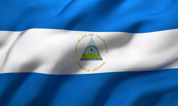 Flag of Nicaragua blowing in the wind Flag of Nicaragua blowing in the wind. Full page Nicaraguan flying flag. 3D illustration. flag of nicaragua stock pictures, royalty-free photos & images