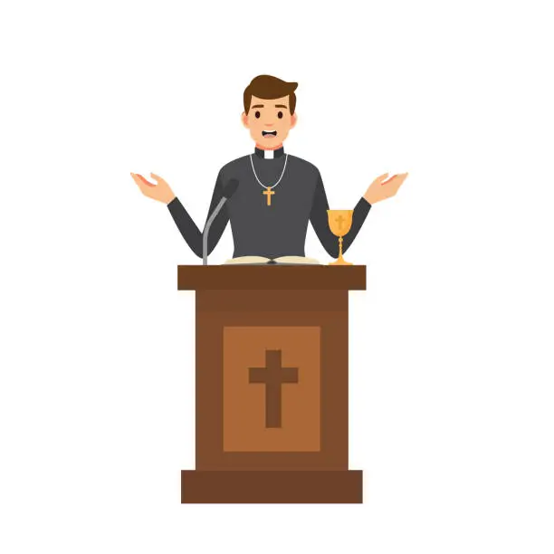 Vector illustration of Priest giving speech from tribune.Catholic preacher character isolated on white background.