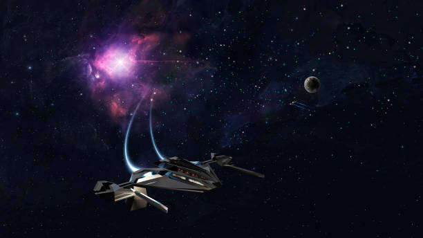 istock Space background. Spaceship fly in colorful nebula with planet 1219203959