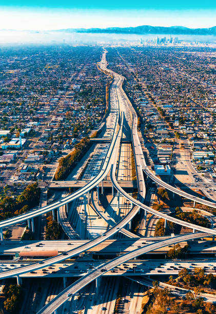 istock Aerial view of a freeway intersection in Los Angeles 1219205056