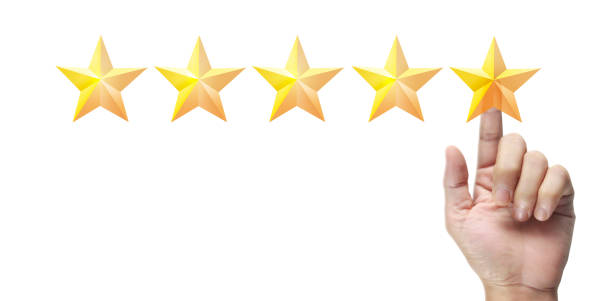 istock Hand of touching rise on increasing five stars. Increase rating evaluation  classification concept 1219205166