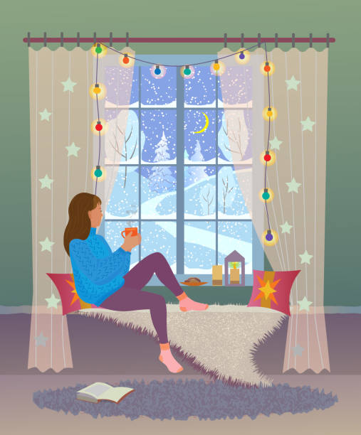 Vector stock illustration magic winter window with a girl Girl sits by the Christmas decorated window with a cup of hot drink, looks out the window at the winter evening landscape.
Vector illustration with texture. looking at view illustrations stock illustrations