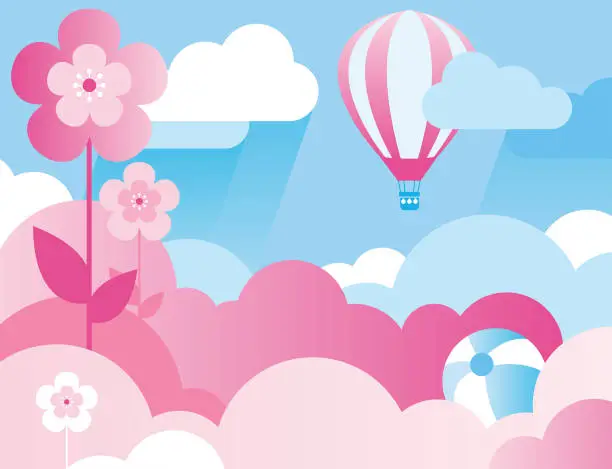 Vector illustration of Funny Abstract Vector Illustration for Kids. Decorative Background for Children with Clouds, Flowers, Ballon and Ball
