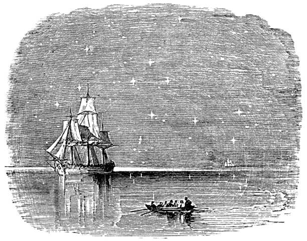 Tall Ship Under the Southern Cross Constellation - 19th Century A tall ship under the Southern Cross (Crux) constellation in the night sky. Vintage etching circa late 19th century. Southern Star stock illustrations