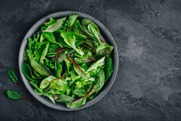新鮮なグリーンオーガニックミックスレタスサラダをボウルに入れます。 - kale chard vegetable cabbage ストックフォトと画像